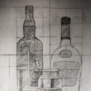 Bottles Pencil Sketch Study Original Drawing on paper Black and White Print