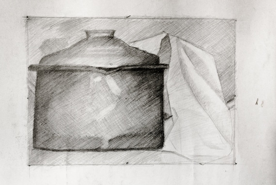Ancien Pot Nature Morte Croquis étude Original Dessin Au Crayon Sur Papier Impression Noir Et Blanc