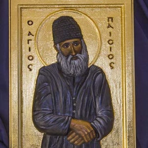Saint Paisios handpainted Tempera icon cnc wood carved   Άγιος Παΐσιος Orthodox Catholic Byzantine Greek antique style 24K Gold