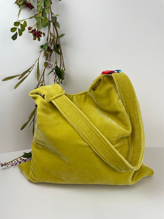 Slouchy Shoulder Bag Yellow Velvet Bag Velvet Tote Bag