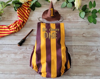Vestito da Harry per distruggere la torta, vestito da Harry per il primo compleanno, vestito da Harry per distruggere la torta, vestito da Harry per il primo compleanno, viola, giallo, il prescelto per il primo compleanno
