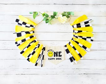 One Happy Dude High Chair Banner, One Cool Dude Party Sign, Yellow Smiley Face Birthday Decoration, Two Cool,Retro Skater Rad Rocker, yellow