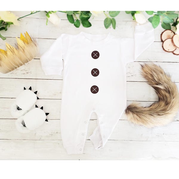 Traje de cumpleaños de Wild One para niño, traje de cumpleaños de Wild Things, traje de Wild One, cola de piel sintética, corona dorada, mono de bebé, mono con botones