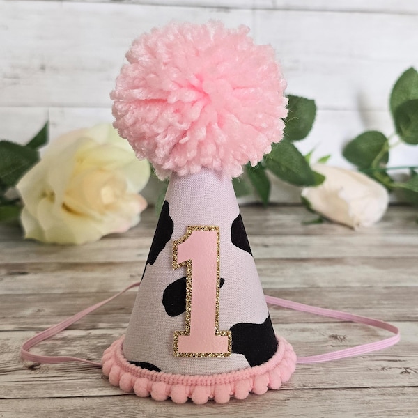 My 1st Rodeo Birthday hat, Western Barnyard Party Hat, Cow Print, Farm Life, baby girl first birthday hat, Cow Girl Birthday, Smash Cake cow