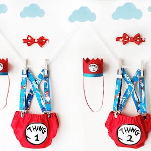 twin boys 1st birthday cake smash outfits, thing 1 & thing 2 cake smash outfit, twin boys first birthday, Seuss cake smash outfit, crown