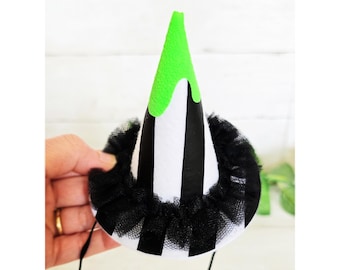 Beetle mini birthday Hat, Black White Stripe Green Halloween hat, Halloween Spooky Season, Halloween beetle party hat, stripe Halloween