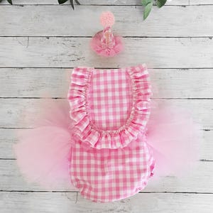 pink gingham bubble tutu romper, pink bow outfit, one silly goose outfit, pink gingham baby 1st tutu dress,  pink checkered baby girl dress