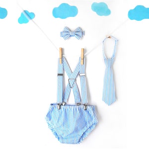 boys cake smash outfit, blue seersucker stripe, 1st birthday outfit boy, first birthday boy, boys birthday outfit, diaper cover tie, necktie