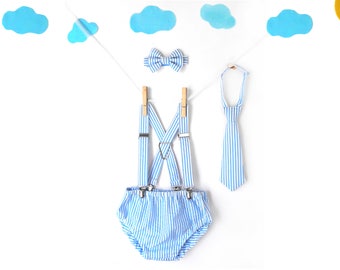 boys cake smash outfit, blue seersucker stripe, 1st birthday outfit boy, first birthday boy, boys birthday outfit, diaper cover tie, necktie