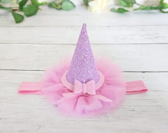 baby Halloween glitter pink mini witch costume hat, pink witch hat, cute Halloween birthday hat, one spooky babe, kawaii cute bow, head band