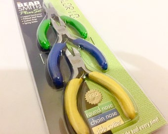 Mini plier set, three piece plier set, bead smith pliers, jewellery making tools, round nose plier, cutters, chain nose plier, beading tools
