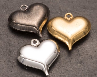 heart charm, pack of 10 plated hearts, puffed heart charm, jewellery making, charm jewellery, wholesale beads, bulk buy charms, sewing