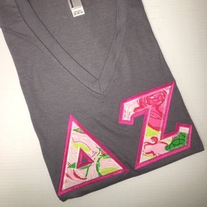 Delta Zeta Greek V-Neck Letter Shirt w/ DZ Fabric