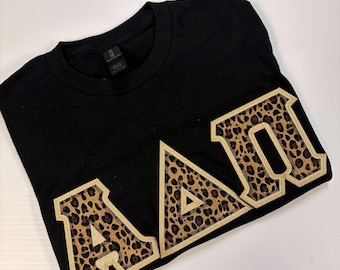Sorority Greek Letter Shirt Black w/Small Cheetah Print Letters
