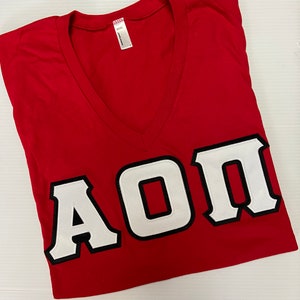 Alpha Omicron Pi  Red V-Neck Greek Letter Shirt