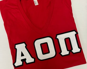 Alpha Omicron Pi  Red V-Neck Greek Letter Shirt