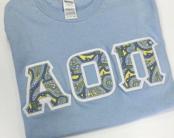Camisa de hermandad griega Gildan con letras en azul claro y estampado de cachemira