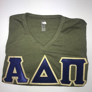 READY TO SHIP Military Green Alpha Delta Pi V-neck shirt with Navy Letters