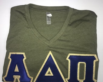READY TO SHIP Military Green Alpha Delta Pi V-neck shirt with Navy Letters
