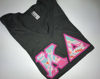 Sorority Greek V-Neck Letter Shirt in Gray w/ aqua & pink Letters