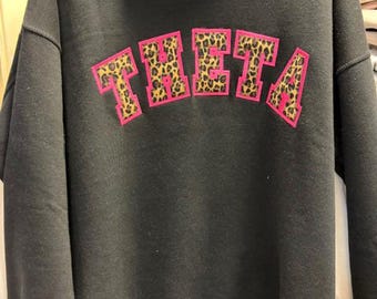 Kappa Alpha Theta Oversized Mockneck Black Sweatshirt WITH POCKETS!  Greek Pink Background and Cheetah print Foreground letters