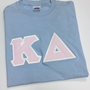 Sorority Greek Letter Shirt Light Blue w/Pink Seersucker Letters