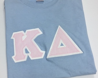 Sorority Greek Letter Shirt Light Blue w/Pink Seersucker Letters