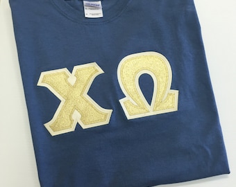 Sorority Greek Gildan Letter Shirt in Indigo Blue w/Metallic Gold Letters