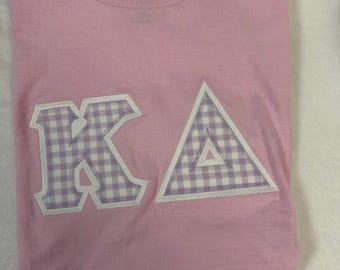 Sorority Greek Letter Shirt in Pink w/lavender and white check Letters