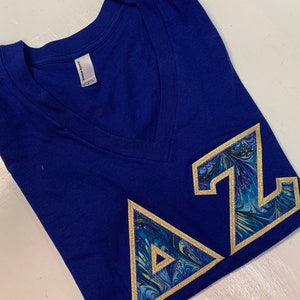 Sorority Greek American Apparel V-Neck Letter Shirt in Lapis Blue w/Metallic Gold and Blue/Green Peacock Letters