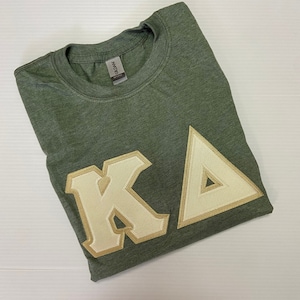 Sorority Greek Gildan Soft Style Letter Shirt in Heather Military Green w/Cream and Gold Greek Letters