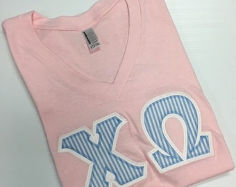 Sorority Greek V-neck Letter Shirt in Pink w/Blue Seersucker Letters