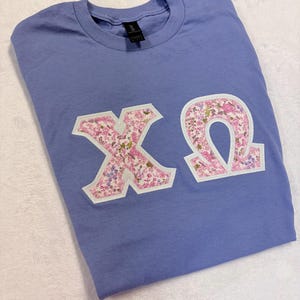 May include: A periwinkle blue t-shirt featuring the Greek letters ΧΩ in a floral pattern with a white border. The letters are appliqued onto the shirt. The shirt is made of a soft material.