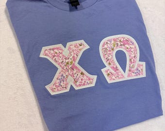 Sorority Greek gildan unisex Letter Shirt in Lavender with small floral Letters