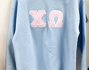 Sorority Greek Letter Sweatshirt Light Blue w/Pink Seersucker Letters