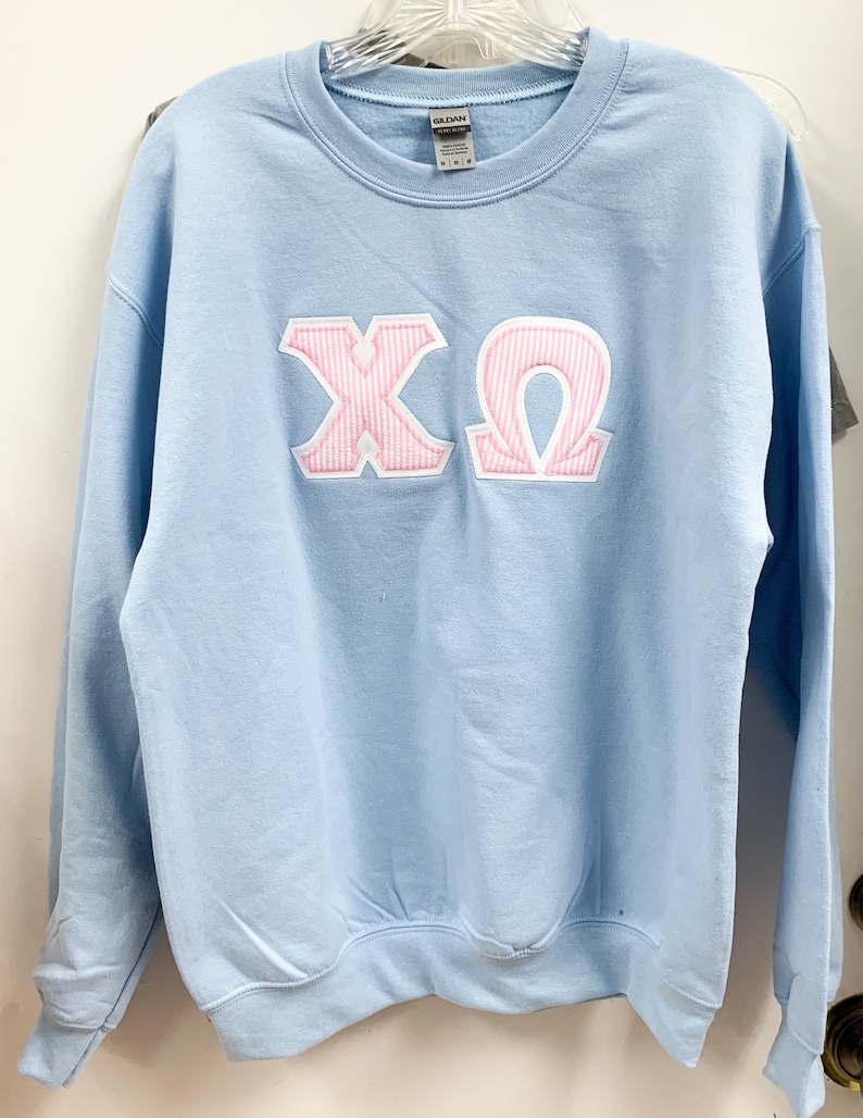Sorority Greek Letter Sweatshirt Light Blue w/Pink Seersucker Letters