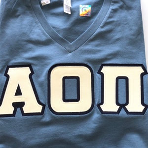 Sorority Greek Steel Blue V-neck Letter Shirt w/Cream Letters