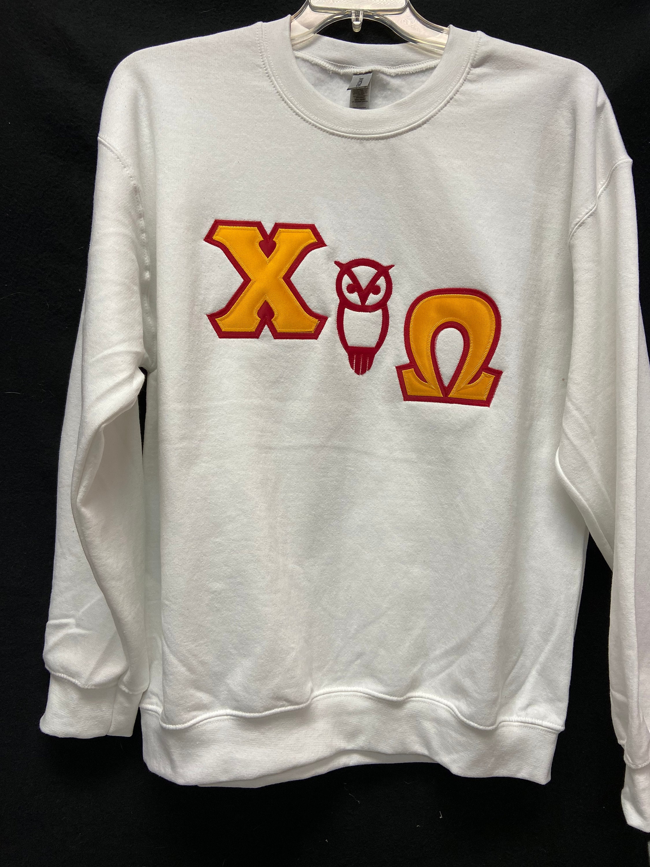 Chi Omega Letter Sweatshirt White w/Red Owl and Canyon Gold Letters