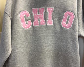 Chi Omega Oversized Mock neck Grey Sweatshirt WITH POCKETS!  White Background and Pink polka dot print Foreground letters