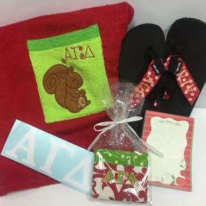 May include: A red towel with a green patch featuring a squirrel and the letters "ATA" embroidered on it. A blue sticker with the letters "ATA" is on the towel. A small red and green fabric pouch with the letters "ATA" embroidered on it is in a clear plastic bag. A pair of black flip-flops with red and white polka dot straps and the letters "ATA" on them. A red and white notepad with the words "alpha gamma delta" on it.