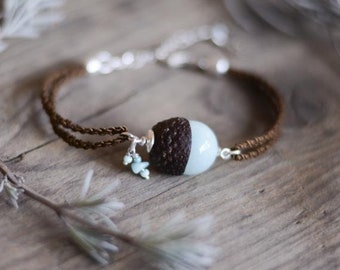 Wood jewelry acorn hat real silver bracelet gemstones (jade and amazonite) and nylon silk | Boho jewelry | Unique natural jewelry | Gemstone jewelry