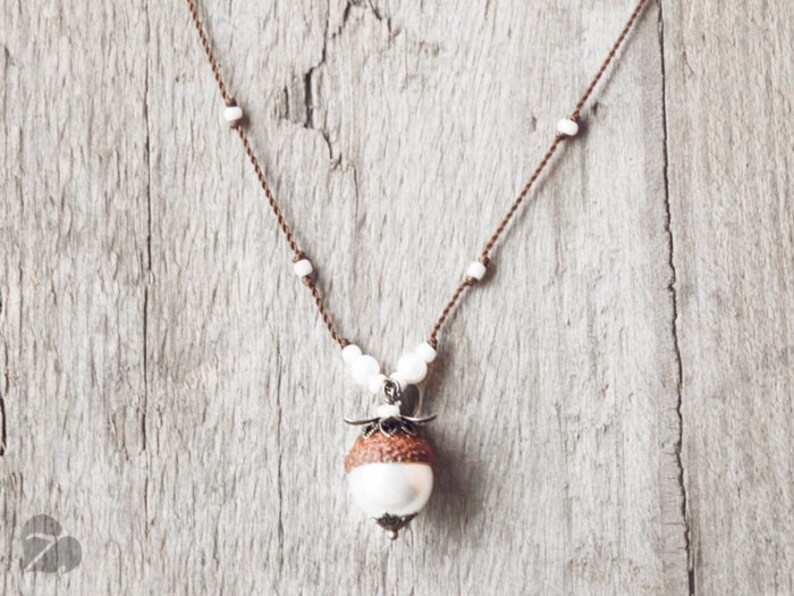 Wooden acorn necklace real acorn with white pearl fariy tale jewellery nature lover gift