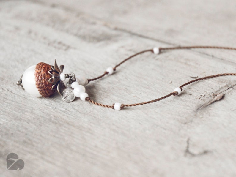 Wooden acorn necklace real acorn with white pearl fariy tale jewellery nature lover gift