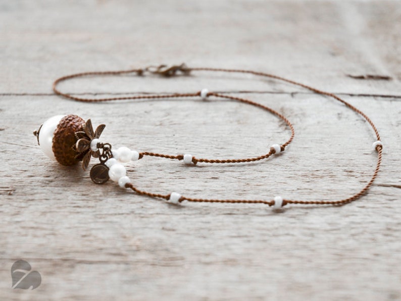 Wooden acorn necklace real acorn with white pearl fariy tale jewellery nature lover gift