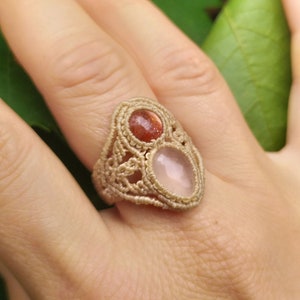 sunstone and rose quartz micro macrame ring, tribal ring, size 11
