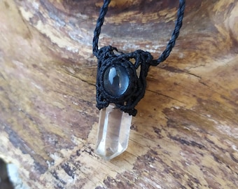 macrame necklace with crystal, micro macrame quartz point with tourmaline necklace