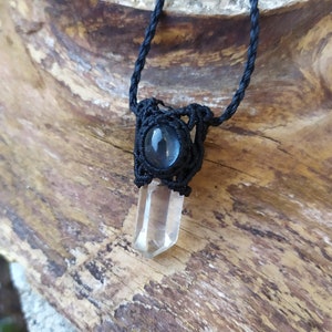 macrame necklace with crystal, micro macrame quartz point with tourmaline necklace