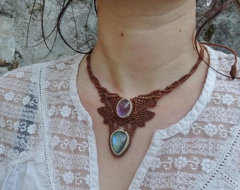 micro macrame necklace with labradorite and amethyst, macrame necklace with natural stones, elvish necklace, boho necklace, fairy necklace