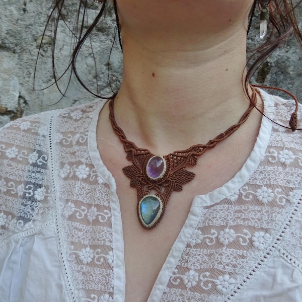 micro macrame necklace with labradorite and amethyst, macrame necklace with natural stones, elvish necklace, boho necklace, fairy necklace