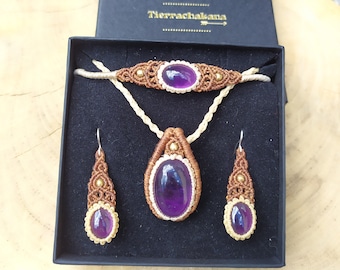 amethyst micro macrame set; amethyst necklace, amethyst bracelet, amethyst earing; jewelry set, gift box